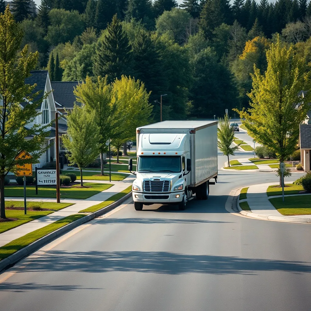 A high-angle cinematic shot of a moving truck driving throug