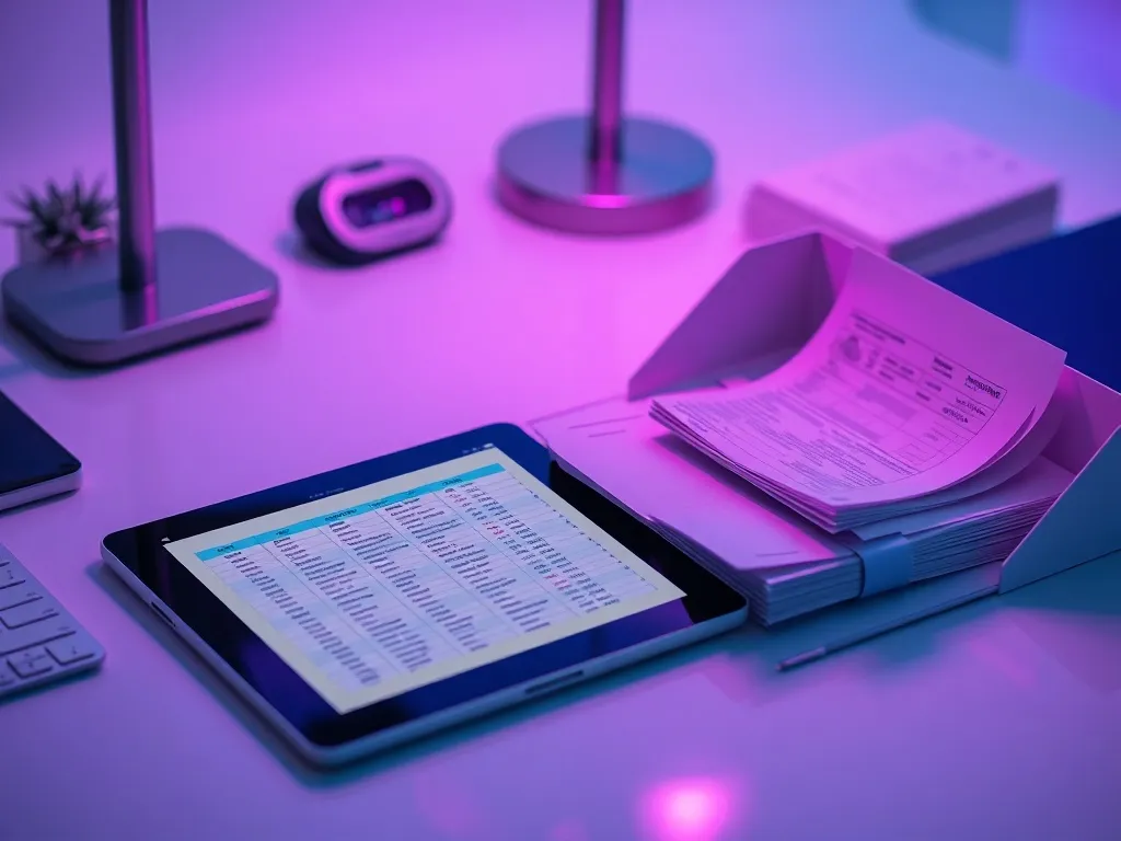 A clean organized desk with a digital tablet showing a sprea