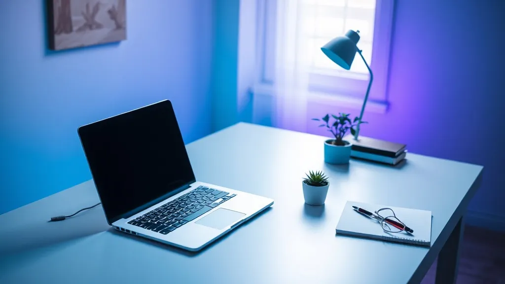 A clean minimalist home office desk with a laptop, a noteboo