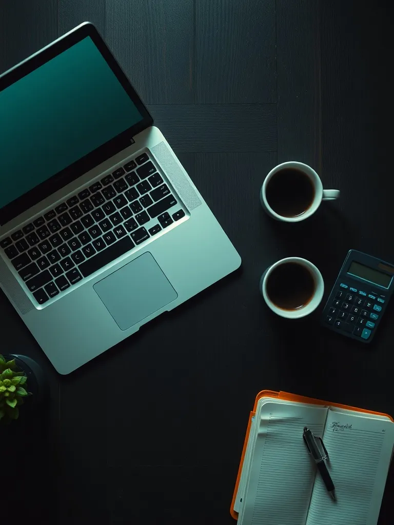 A top down view of a dark wooden desk with a laptop, a noteb