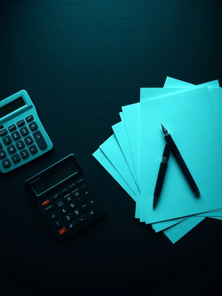 A minimalist top-down view of a dark wooden desk with a calc