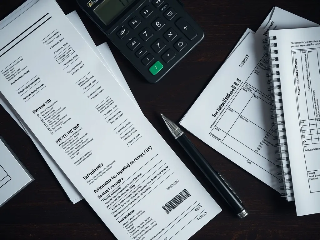 A close up top down view of organized tax receipts, a calcul