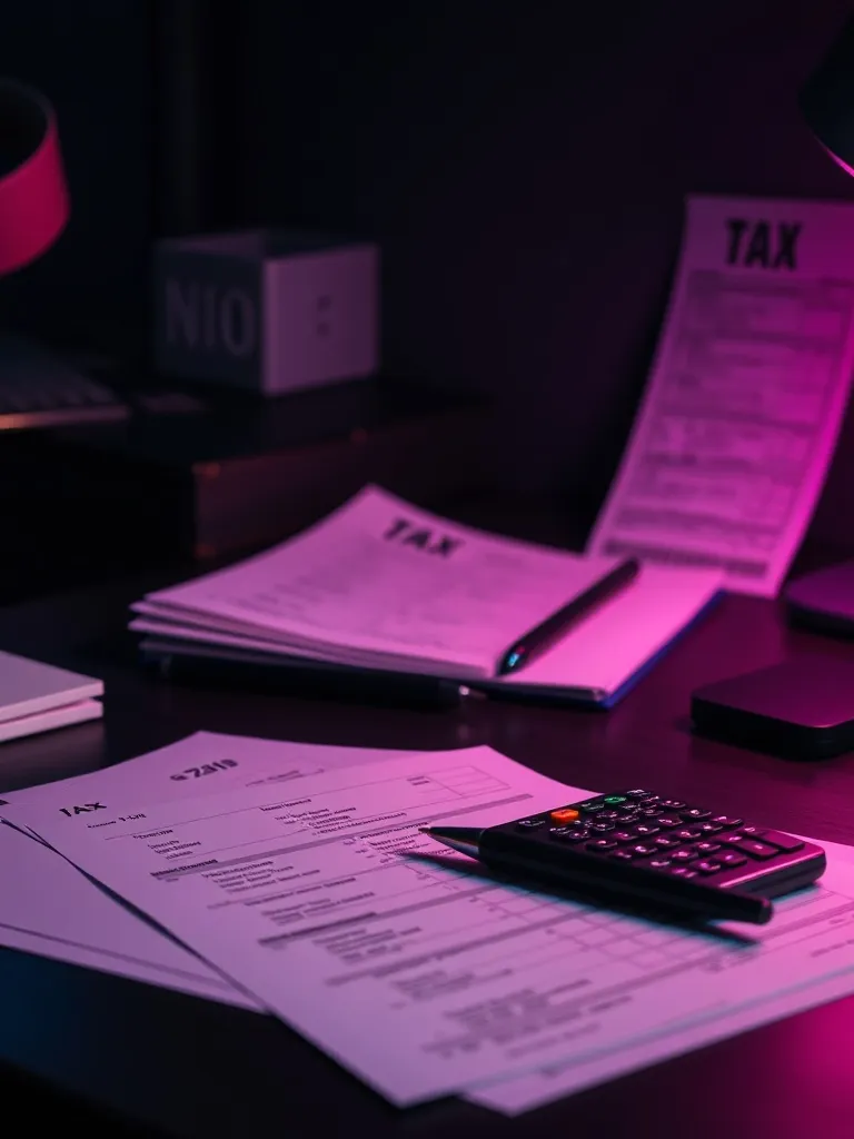 A professional dark moody desk with tax forms, a calculator,
