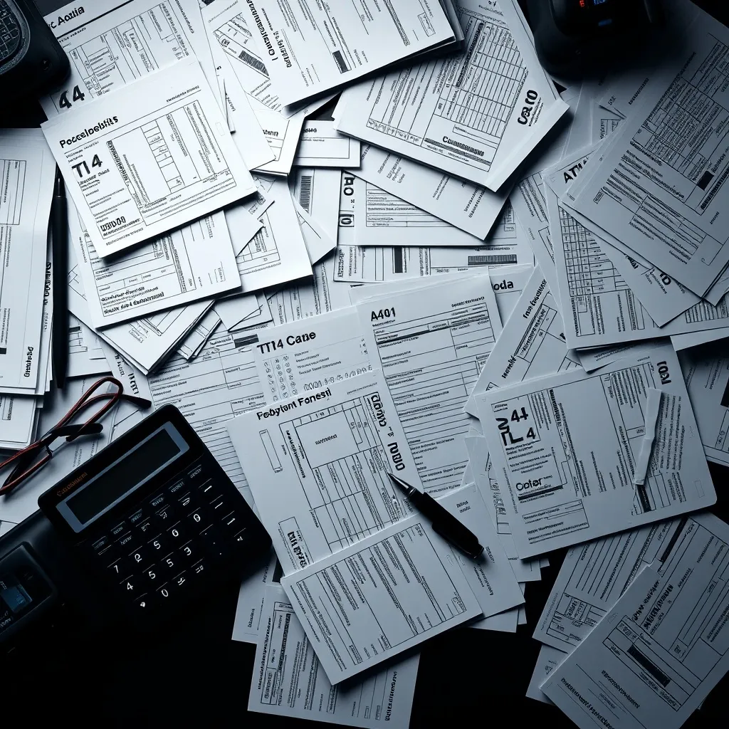 A top-down view of a messy desk with many Canadian tax forms