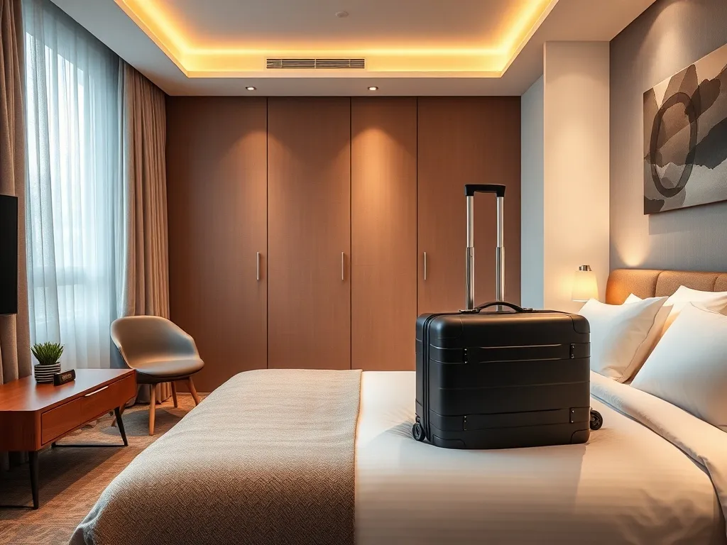 A cozy modern hotel room interior with a suitcase on the bed